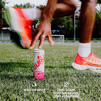 GURU ZERO SUGAR Wild Ruby Red Organic Energy Drinks, Clean Energy Drink with Plant Based Natural Caffeine from Green Tea, Coconut Water, Prebiotic, Zero Added sugars, Gluten Free and Vegan, Pre Workout, Healthy Drinks, 12oz (Pack of 24)