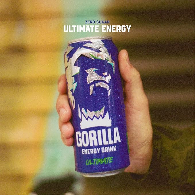 Gorilla Energy Original Energy Drink, Zero Sugar & 200mg Natural Caffeine, L-Theanine, Taurine, Ginseng, Acetyl L-Carnitine, B Vitamins, Sugar Free, and No Artificial Colors, 16 oz Cans, 12 Pack
