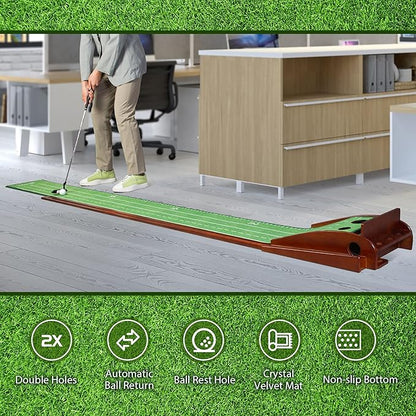Golf Putting Mat with Ball Return - Putting Green Indoor Featuring 9ft Non-Slip Velvet Surface for Indoor & Outdoor - Smooth, Skip-Free Walnut Ball Return System - Golf Practice Mat for Backyard