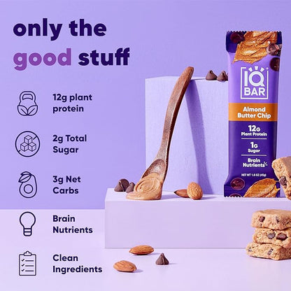 IQBAR Brain and Body Plant Protein Bars - Almond Butter Chip - 12-Count Low Carb - Gluten Free, High Fiber, Vegan Snacks - Low Sugar Meal Replacement