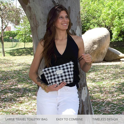 Large Checkered Travel Makeup Bag for Women – Black & White Cosmetic Organizer for Toiletries, Skincare & Beauty – Durable Travel Size Toiletry Pouch – Made in Barcelona, Spain