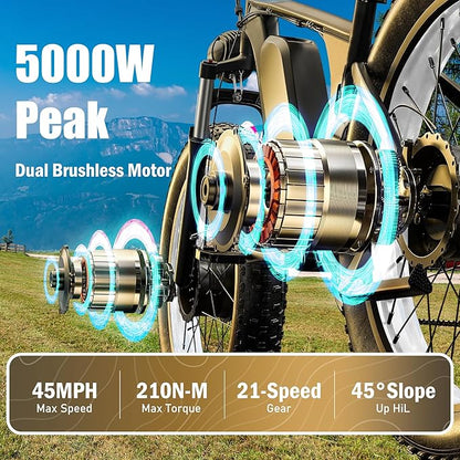 Electric Dirt Bike, 5000W Peak Dual Motor EBike for Adults, 60V 25AH Battery Electric Bike with 40-50MPH Mountain AWD 21-Speed Snow, 26" x 4.0 Fat Tire, Long Range Off-Road