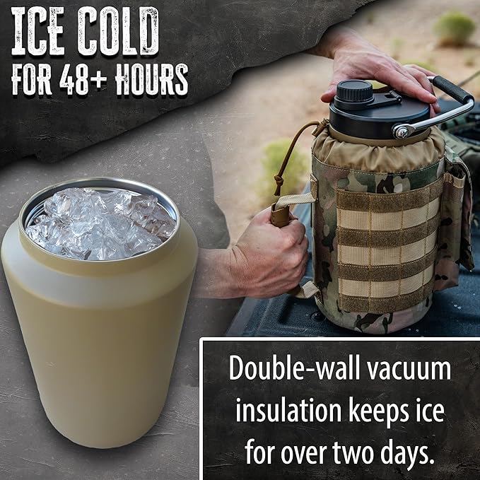 Iron Infidel Battle Bottle - One Gallon Insulated Water Bottle with Dual Carry Handles - 128 oz Tactical Stainless Steel Water Jug & Rugged Extra Large Sleeve With Storage (OCP Camo 128 Ounces)