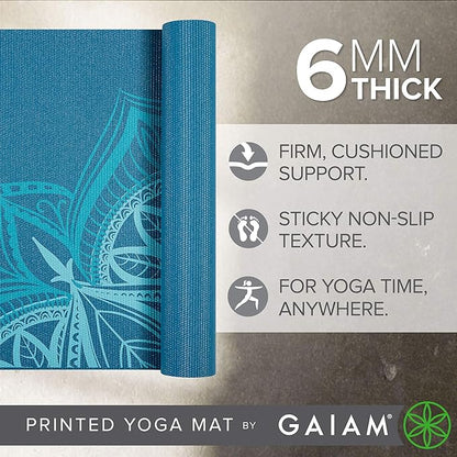 Gaiam Yoga Mat - Premium 6mm Print Extra Thick Non Slip Exercise & Fitness Mat for All Types of Yoga, Pilates & Floor Workouts (68"L x 24"W x 6mm Thick)