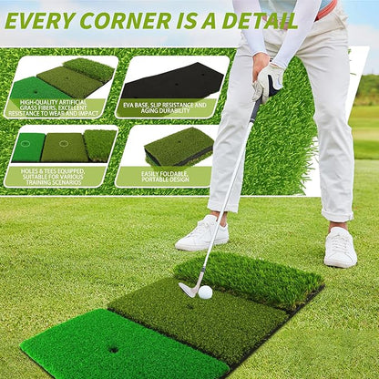 Jkwokback 3-in-1 Golf Hitting Mat | Turf Golf Practice Mat for Swing, Putting & Chipping | Portable Golf Mats Practice Indoor/Outdoor Golf Hitting Mat with 8 Tees Golf Training Mat
