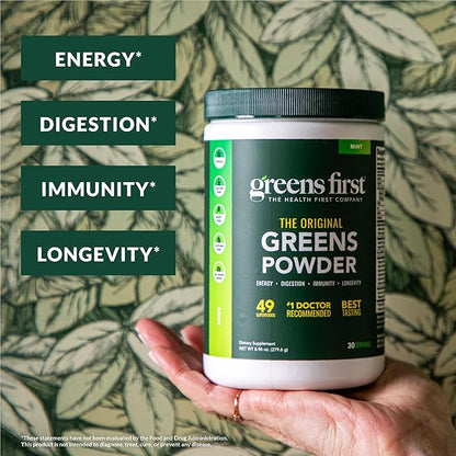 Greens First Original Greens Powder - 49 Superfoods - Organic Fruits & Veggies - Prebiotics, Probiotics & Digestive Enzymes - Antioxidant Smoothie - Dairy Free, Vegan, Non-GMO (Chocolate, 30 Servings)