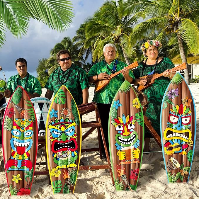 4 Pcs 36 Inch Tiki Inflatable Surf Board Tiki Party Decorations Blow up Surfboard Bar Decorations Inflatable Pool Floats for Hawaiian Luau Tropical Beach Party Supplies Outdoor Decor