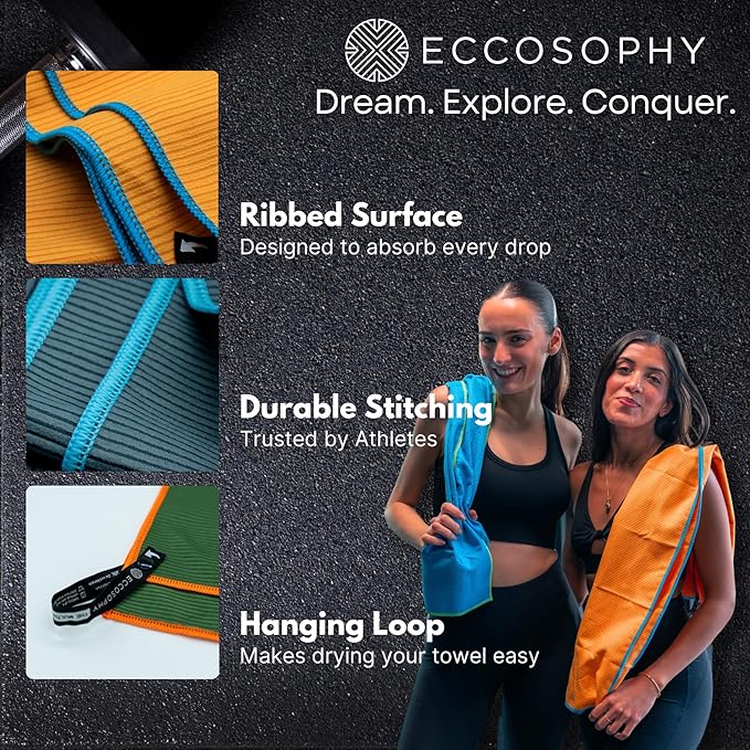 ECCOSOPHY Microfiber Beach Towel – Quick Dry Gym Towel, Highly Absorbent with Ribbed Texture, Lightweight – Ideal for Travel, Pool, Yoga, Fitness & Outdoor Adventures – 40x20 Azure