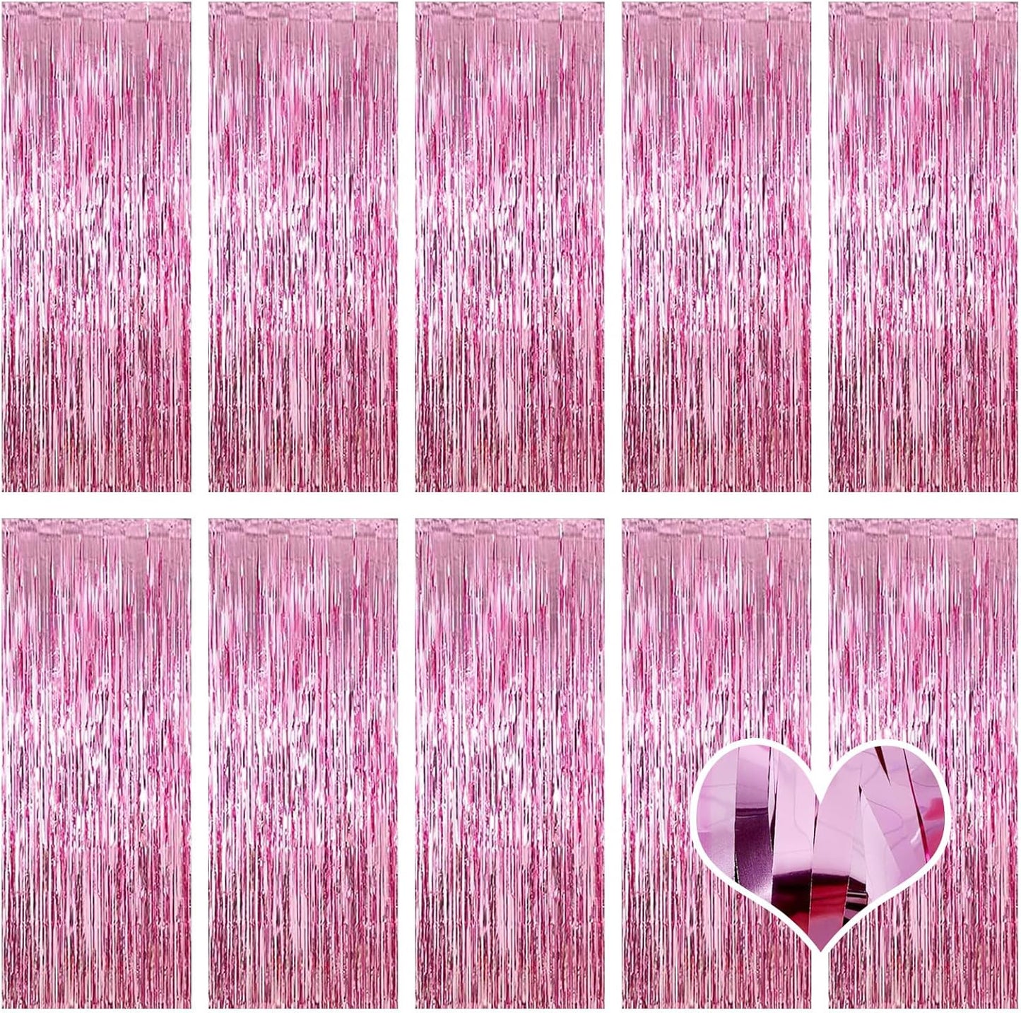 10 Pack Pink Backdrop Curtain 3.2ft x 8.2ft Metallic Tinsel Foil Fringe Curtains Photo Booth Background for Birthday Party Decoration Baby Shower Engagement Wedding Christmas Decoration (Pink)