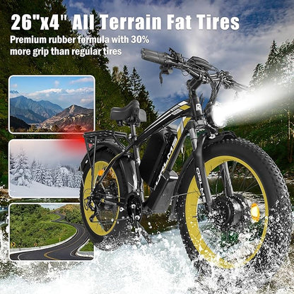 Electric Dirt Bike, 5000W Peak Dual Motor EBike for Adults, 60V 25AH Battery Electric Bike with 40-50MPH Mountain AWD 21-Speed Snow, 26" x 4.0 Fat Tire, Long Range Off-Road