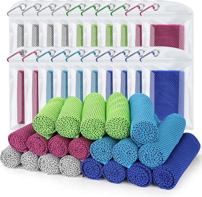 Biange Cooling Towel (Pack of 20, 40"x12") with Pouches for Sports, Workout, Fitness, Gym, Yoga, Golf, Pilates, Travel, Camping & More