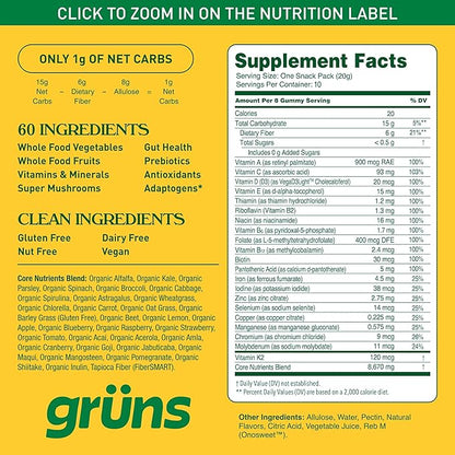 Gruns Sugar-Free Super Greens Gummies, Multivitamin Superfood Gummy Bears, Spirulina, Chlorella, Prebiotics & Fiber gummies for Digestive Health, Adaptogens Supplement, 20 Vitamins & Minerals, 10 pack