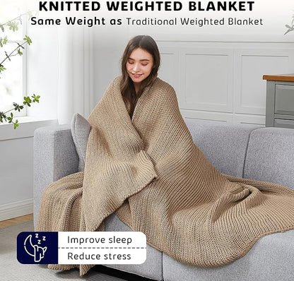 L'AGRATY Knitted Weighted Blanket - 60"x80" 20lbs Cooling Chunky Knit Heavy Blanket for Adults Braided Crochet Throw Thick Cable Yarn Knit Decorative No Beads Evenly Weighted Machine Washable