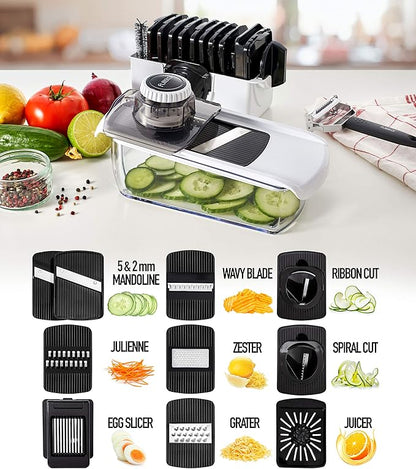 Fullstar Mandoline Slicer for Kitchen, Fruit Cutter, Cheese Grater, Cucumber Slicer, Veggie Spiralizer, Food Cutter & Kitchen Gadgets with Safety Glove (11 in 1, White)
