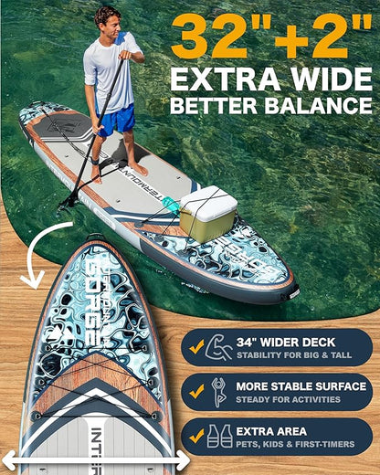 11'x34 Ultra Wide Paddleboard, Inflatable SUP&430lb Capacity for All Skill, Stand-up Paddle Board for Yoga/Family, EVA Deck, US Fin, High-Pressure Pump, 100L Bag, Safety Leash