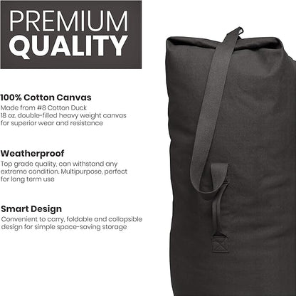 WHITEDUCK Top Load Canvas Folding Duffel Bag, Water Resistant Army Style Shoulder Bag for Men and Women- Gym, Sports, Travel, Hiking, Camping, Backpacking (Large 25" x 42",Black)
