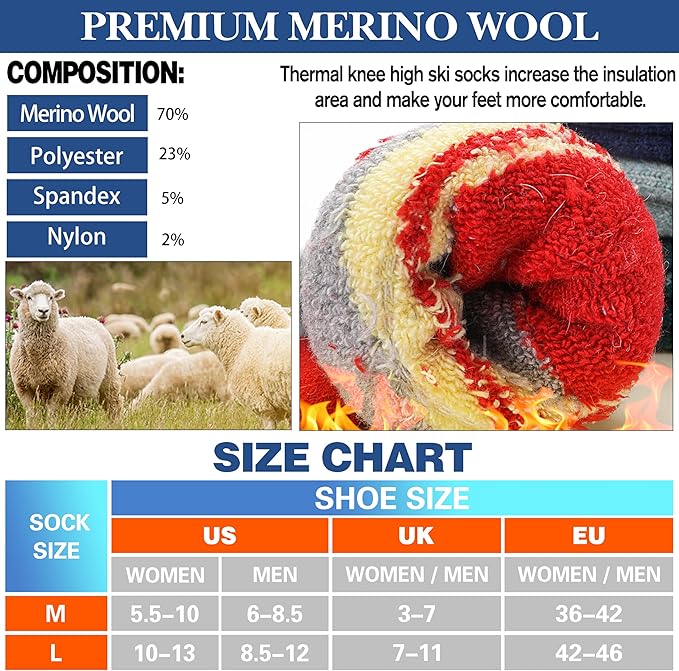 3 Pairs Merino Wool Ski Socks Thermal Warm Winter Thick Knee High Snowboarding Skiing Socks for Women Men