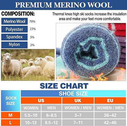 3 Pairs Merino Wool Ski Socks Thermal Warm Winter Thick Knee High Snowboarding Skiing Socks for Women Men