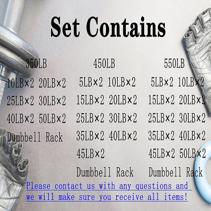 550LB 450LB 350LB Dumbbell Set with Rack Rubber Hex Weights for Home Gym Durable Construction Convenient Storage Space Saving Design Complete Weight Set Barbell Coated for Exercise Training