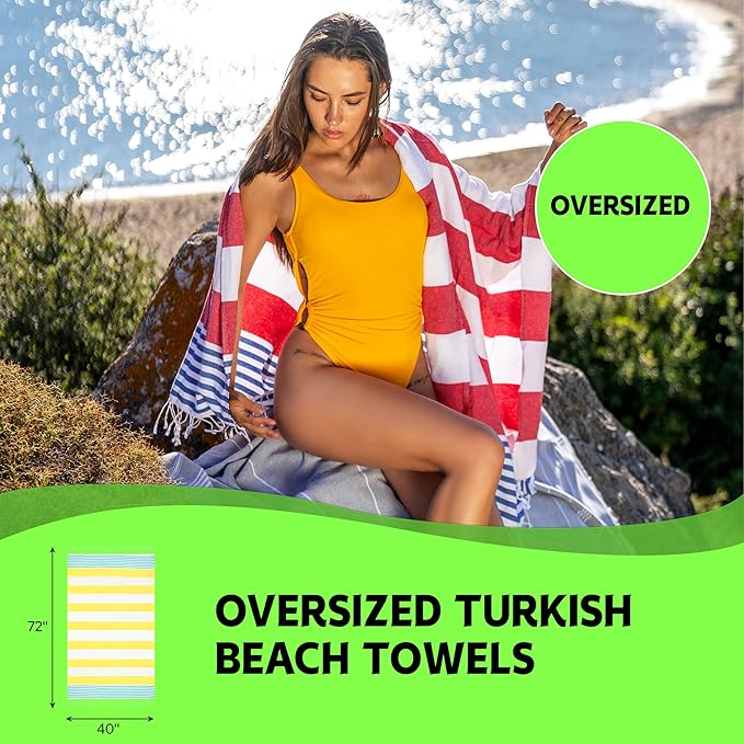 HAVLULAND Turkish Beach Towel Set of 6 - Sand Free - 100% Organic Oversized Turkish Towel - Quick Dry Towels for Beach, Picnic, Blanket or Bath Towel - Lightweight Towels for Travel, Camping & Pool