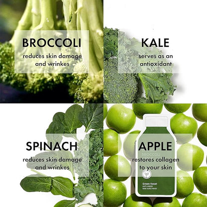 ESW Beauty Green Reset - Anti-Aging Raw Juice Face Mask (6-Pack) - Revitalizing with Kale, Spinach, Broccoli & Apple for Mature Skin - Boosts Collagen & Reduces Wrinkles