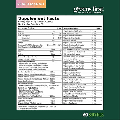 Greens First Original Greens Powder - 49 Superfoods - Organic Fruits & Veggies - Prebiotics, Probiotics & Digestive Enzymes - Antioxidant Smoothie - Dairy Free/Vegan/Non-GMO (Peach Mango, 60 Servings)