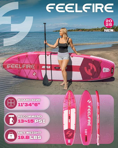 Feelfire11'x34” Extra Wide Inflatable Paddleboard, Stand-up Paddle Board for Adults, 420lb Capacity for Yoga/Fishing/Family, EVA Deck, US Fin, High-Pressure Pump, Storage Backpack, Safety Leash