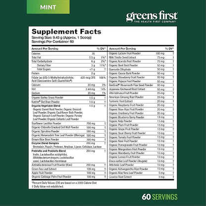 Greens First Original Greens Powder - 49 Superfoods - Organic Fruits & Veggies - Prebiotics, Probiotics & Digestive Enzymes - Antioxidant Smoothie - Dairy Free, Vegan & Non-GMO (Mint, 60 Servings)