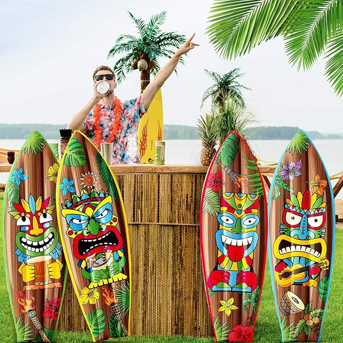 4 Pcs 36 Inch Tiki Inflatable Surf Board Tiki Party Decorations Blow up Surfboard Bar Decorations Inflatable Pool Floats for Hawaiian Luau Tropical Beach Party Supplies Outdoor Decor