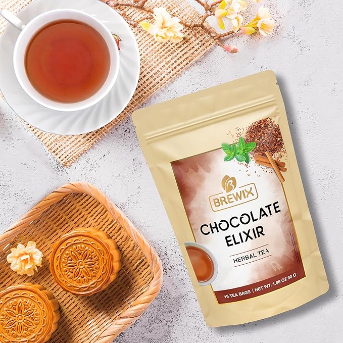 BREWIX, Chocolate Rooibos Herbal Tea (15 Pyramid Tea Bags) | Rich Red Tea with Cocoa, Cinnamon & Mint | Naturally Caffeine-Free | Dessert-Inspired Wellness Blend | Soothing Red Tea for Evening Comfort