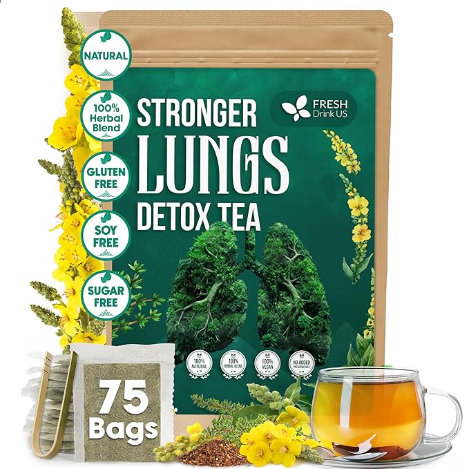 FreshDrinkUS, StrongerLungs 75 Tea Bags - Mullein Leaf, Ginseng, Elderberry, Ginger & Thyme - Supports Lung Cleanse, Congestion Relief & Mucus Detox - Caffeine-Free & All-Natural