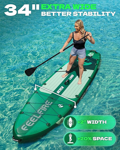 Feelfire11'x34” Extra Wide Inflatable Paddleboard, Stand-up Paddle Board for Adults, 420lb Capacity for Yoga/Fishing/Family, EVA Deck, US Fin, High-Pressure Pump, Storage Backpack, Safety Leash