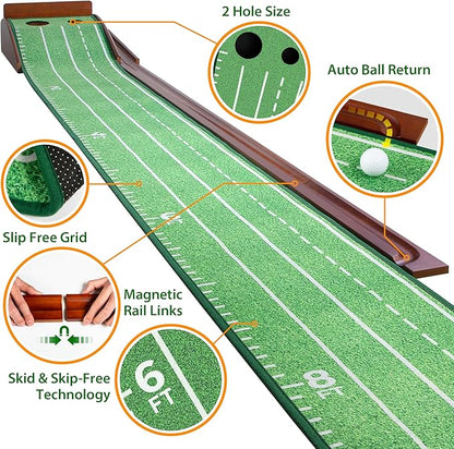 Golf Putting Mat with Ball Return - Putting Green Indoor Featuring 9ft Non-Slip Velvet Surface for Indoor & Outdoor - Smooth, Skip-Free Walnut Ball Return System - Golf Practice Mat for Backyard