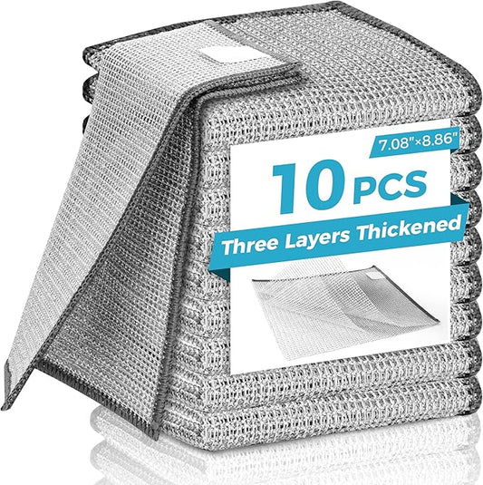 Forggon10 Pcs New Upgrade 3-Layer Metal Dish Cloth, No Scratches and No Odor, Multipurpose Wire Dishwashing Rag for Wet and Dry, Kitchen Cleaning DishRags,Sinks,Dishes,Stove Top, Dimensions(7.08X8.86)