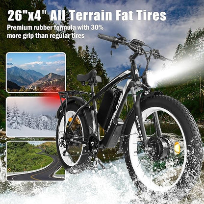 Electric Dirt Bike, 5000W Peak Dual Motor EBike for Adults, 60V 25AH Battery Electric Bike with 40-50MPH Mountain AWD 21-Speed Snow, 26" x 4.0 Fat Tire, Long Range Off-Road