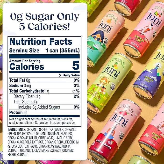 Juni Sparkling Adaptogen Drink with Ashwagandha, Lion’s Mane & Reishi Mushrooms | Green Tea for Focus, Zero Sugar, 5 Calories, Organic | Non Alcoholic Drinks - Lemon 12 pack