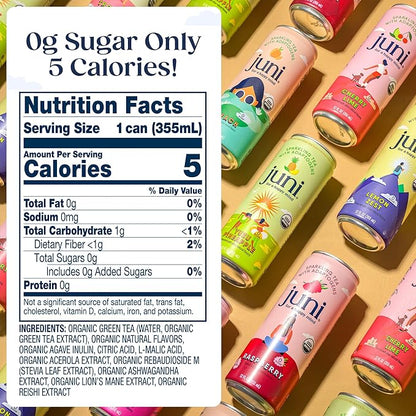 Juni Sparkling Adaptogen Drink with Ashwagandha, Lion’s Mane & Reishi Mushrooms | Green Tea for Focus, Zero Sugar, 5 Calories, Organic | Non Alcoholic Drinks - Tropical 12 pack