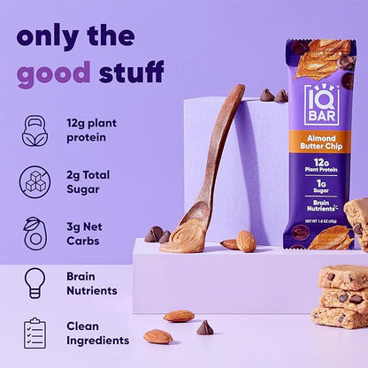 IQBAR Brain and Body Plant Protein Bars - Almond Butter Chip - 24-Count Low Carb - Gluten Free, High Fiber, Vegan Snacks - Low Sugar Meal Replacement
