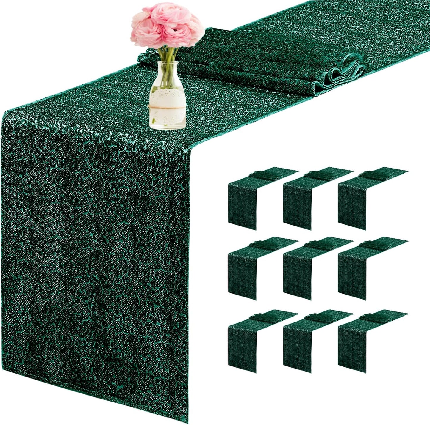 10 Packs 12 x 72 inches Sequin Table Runner, Hunter Green Glitter Table Runner for Birthday Party Supplies Wedding Engagement Baby Shower Holiday Celebration Event Decorations