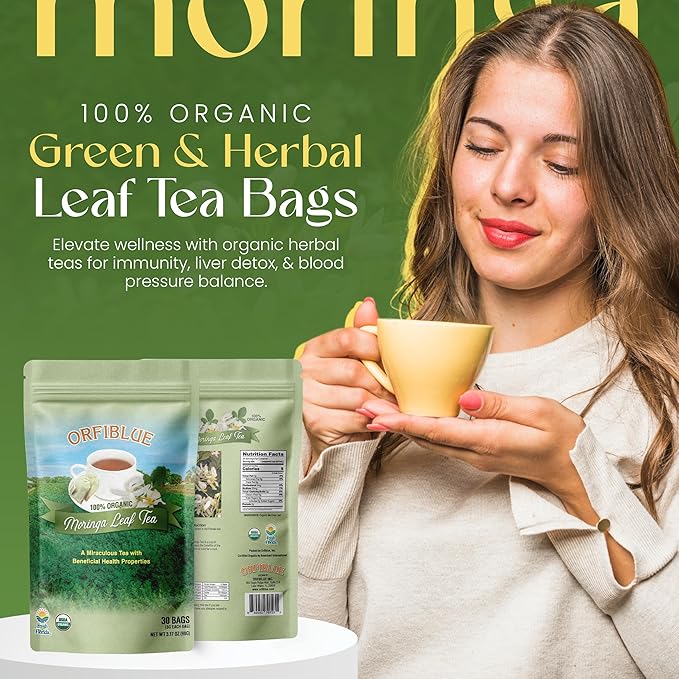 100% Organic Moringa Leaf Tea bags | Organic Herbal Teas | Premium Quality & Flavorful Blends - 0 Sugars, 0 Carbs, 0 Fats, 1% Sodium (25mg) | Rich in Vitamins - Detox, Immunity, Wellness & More (Moringa)