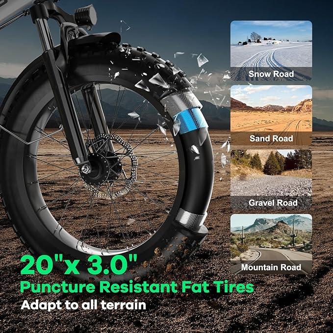 Foldable Electric Bike for Adults, 30+MPH, 48V 20Ah Removable Lithium Battery up to 80Miles, 20" Fat Tire 1000W Peak Motor Dirt Ebike Adult Electric Bicycle for Commute Beach Mountain E Bike