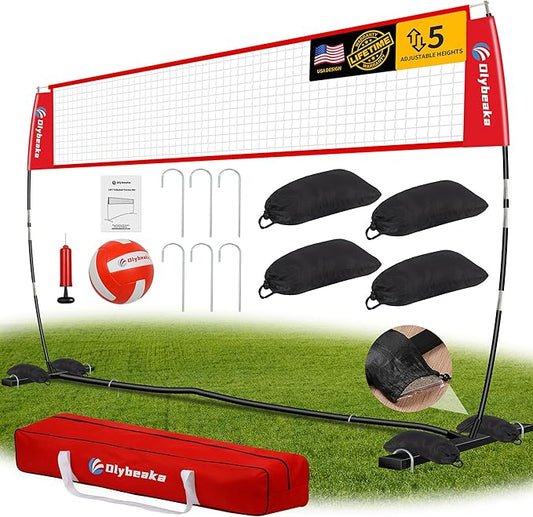 12ft/14ft Portable Volleyball Training Practice Net Set 5 Heights Adjustable for Indoor Outdoor with Tetoron Net, Freestanding Base, PU Volleyball, Carry Bag, Sandbags - Instant Set Up