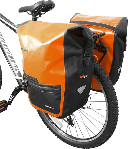 Ibera Panniers Bike Bags 30L (Pair) - Waterproof & with Quick Release/Clip-On System - Bike Saddle Bags For Rear Rack with Rain Cover & 19.8 lbs Capacity - Saddle Bag Bicycle Fits Most Racks (Orange)