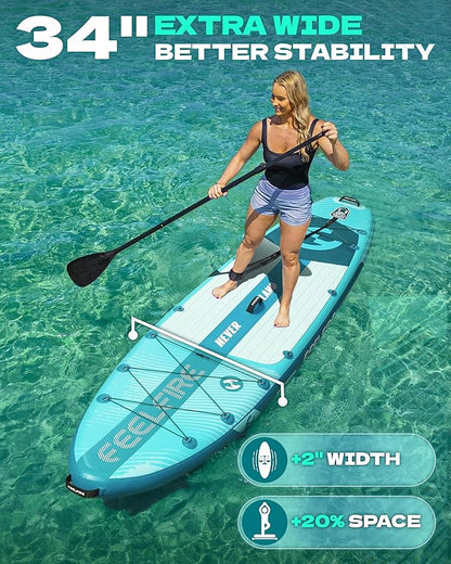 Feelfire11'x34” Extra Wide Inflatable Paddleboard, Stand-up Paddle Board for Adults, 420lb Capacity for Yoga/Fishing/Family, EVA Deck, US Fin, High-Pressure Pump, Storage Backpack, Safety Leash