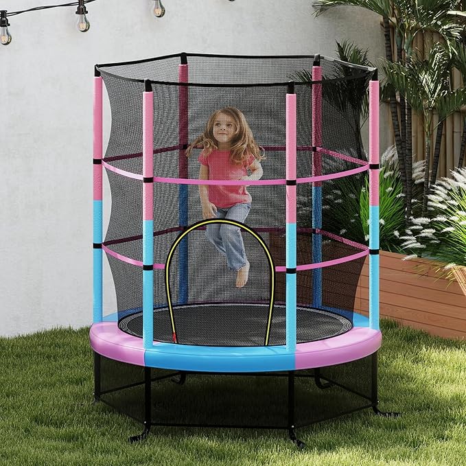 GYMAX Toddler Trampoline, 55” Trampoline for Kids with Bottom-to-Top All-Round Enclosure Net & Seamless Jumping Mat, ASTM Approved Easy Assembly Kids Mini Trampolines Indoor/Outdoor