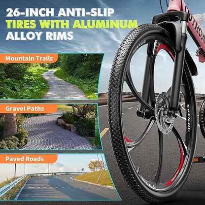 26 Inch Folding Mountain Bike, 21 Speed Full Suspension Bicycle with High-Carbon Steel, Dual Disc Brake Non-Slip Quick Release tire Folding Bicycle for Adults/Men/Women