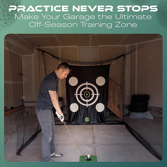 GrdnCare Golf Hitting Net 10x10x10ft – Golf Practice Net with Silent Target Tarp, Mat & Tee with Carry Bag (No Metal Frame) – Indoor Practice for Backyard or Garage & Outdoors