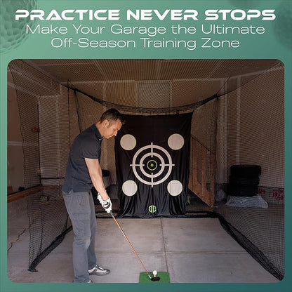 GrdnCare Golf Hitting Net 10x10x10ft – Golf Practice Net with Silent Target Tarp, Mat & Tee with Carry Bag (No Metal Frame) – Indoor Practice for Backyard or Garage & Outdoors