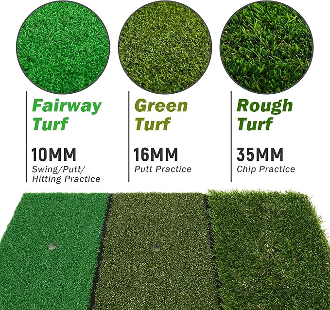 Golf Practice Mat 3-in-1 Turf Golf Hitting Mat for Swing, Putting & Chipping | Portable Golf Training Mat Indoor/Outdoor, Golf Mat with 8 Tees