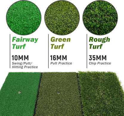 Golf Practice Mat 3-in-1 Turf Golf Hitting Mat for Swing, Putting & Chipping | Portable Golf Training Mat Indoor/Outdoor, Golf Mat with 8 Tees